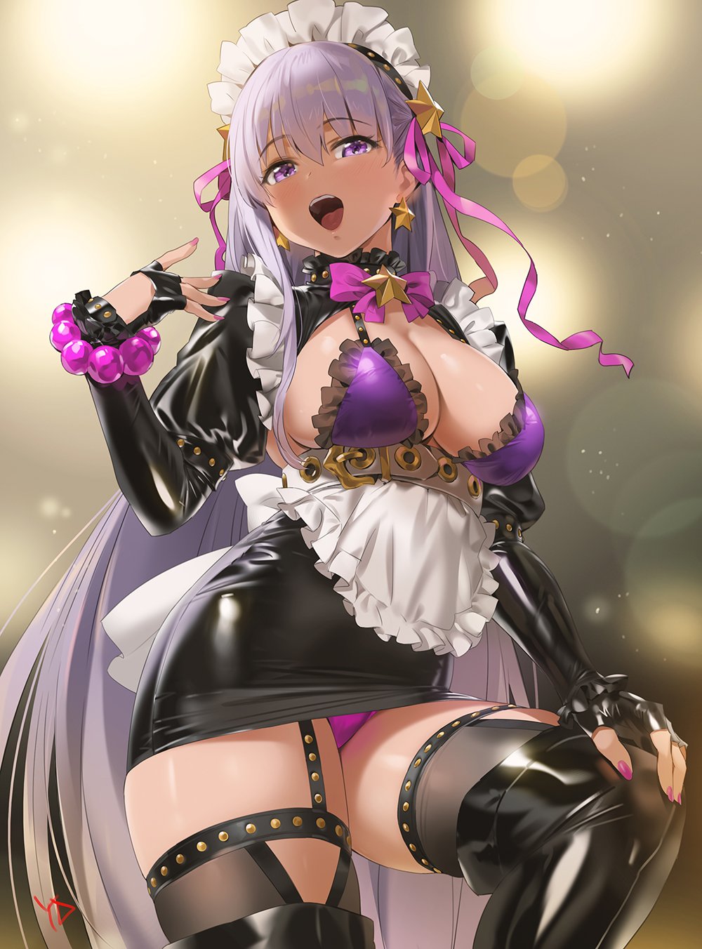 Clad in a latex-y maid outfit that includes a purple bikini top with frills, Sakura attempts to make herself look important, puffing out her chest and acting haughty.